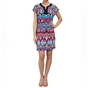 Laundry Mini Shift Dress Breezy Brezze Matte Jersey Lined Sz M Multi-Color